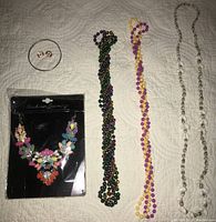Photo of entire lot showing all six items: colorful necklace in package, Mardi Gras bead necklaces in several colors, seashell necklace, Canadian flag cufflinks, and silver bracelet.