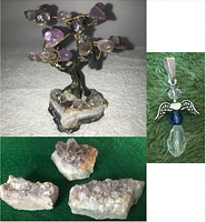 Polished amethyst stone tree with wire branches and purple stone leaves on amethyst and quartz base, three pieces of natural amethyst crystals, and a blue sapphire-like angel charm pendant with metal wings and headpiece.