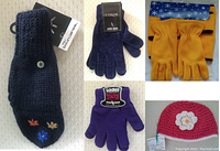 Full lot showing 5 items: navy fingerless mittens with flower embroidery, navy stretch gloves with tags, yellow kids gloves set, purple stretch gloves, pink crocheted hat with daisy