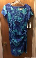 Front view of the women’s knee-length dress hanging on a wooden door. Blue-green tie-dye fabric with side cinch detail and short sleeves visible.