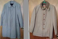 Photo showing both overcoats hung on door, beige color, one knee-length and one shorter with fur collar.