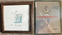 Framed cartoon art 'The Golfer' by William 'Bill' Eagan and signed Steve Jones framed poster side by side.