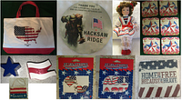 Photo showing all nine items grouped together including the tote bag, pin on card, porcelain doll, coasters, shakers, tattoo packs, Colorado ornament, and patriotic coaster