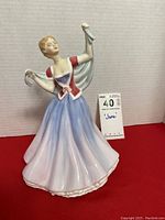 Front view of Royal Doulton porcelain figurine 'June'. Whole figure and base clearly visible with catalog label.