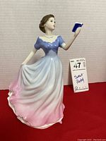 Front and side angle of Royal Doulton Sweet Poetry porcelain figure with pink and blue dress holding a blue book.