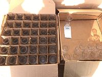 Full box of clear glass decanters or bud vases in cardboard box with cardboard dividers, 50 compartments visible.