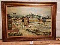 Full view of the framed oil painting showing the winter community scene with horse carriage and snowy landscape.