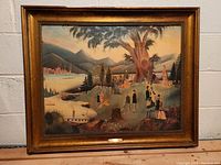 Front view of framed oil painting replica showing landscape scene with people and nature.