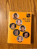 Front cover of the 1973-1974 NHL hockey guide showing player portraits on an orange background.