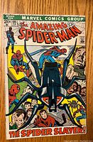 Front cover showing Spider-Man fighting giant black spider and smaller spider figures with frightened people in background