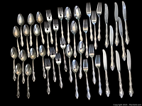 Top-down view of entire set laid out including knives, forks, and spoons showing condition and quantity.