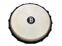 Top view of white drumhead with black Meinl logo showing the surface and condition of bongo head.