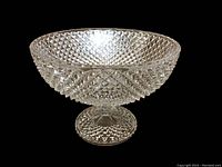 Front angle view of clear glass hobnail compote showing hobnail texture and pedestal base.