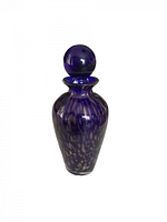 Front and side views of the cobalt blue Murano glass perfume bottle with copper swirls and round stopper