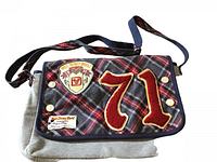 Front view of the messenger bag showing blue and red plaid flap with large red chenille number 71 and two Disney patches, gray body and navy piping.