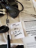 Close-up photo of Cobra antenna, antenna cable, and power wiring with a note showing 'Max Sold #6 CB w/ Antanas'