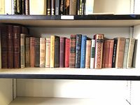 Shelf row of 22 antique books standing upright showing spine designs, various topics and ages.