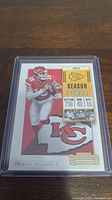 Front of Patrick Mahomes II Panini Contenders rookie season ticket card showing player image, Chiefs logo, and ticket details.