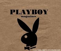 Photo of Playboy logo on brown paper background, shows the iconic black bunny symbol and text 'PLAYBOY magazines'