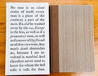 Slipcover of 'No Man Is An Island' printed with John Donne prose and the textured wood-grain cover of the book.