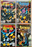 Four Batman comic books from Knightquest: The Crusade and Detective Comics series with colorful covers showing Azrael as Batman and other characters.