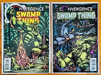 Front covers of two Swamp Thing comic books, issue #1 shows Swamp Thing in a marshy setting, issue #2 features a fight scene with vampire Batman.