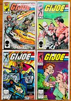 Four G.I. Joe comic books laid out showing the covers for issues #47, 52, 75, and 77 with detailed artwork illustrating scenes and characters from the series.