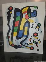 Full front view of colorful abstract oil on canvas painting with black outlines and scattered letters.