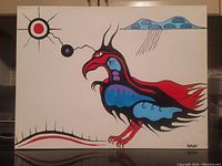 Front view of entire painting showing stylized bird and abstract elements