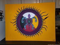 Full view of the original acrylic painting on canvas titled 'Turtle' by Anthony Jones with yellow background and turtle central design