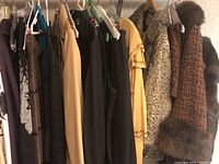 Photo showing several coats including a Persian sheep fur coat with curly texture, a brown mink fur coat, and a reddish-brown textured coat with fur trim, hanging on a rod.