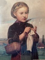 Close-up of the lithograph showing the depiction of the girl knitting with basket and rural background