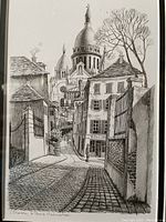 Close-up of the detailed lithograph showing Paris Montmartre architecture, cobblestone street, buildings, and the domed church, signed by F. Dhoska.