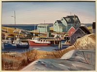 Close-up photo of the acrylic painting showing the coastal scene with boats and houses, signed by artist Dawn Whitehead.