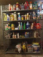 Full view of metal shelving rack with cleaning supplies arranged on shelves including sprays, detergents, and powders.