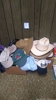 Wide view of the box filled with various hats, showing at least seven different hats including cowboy and ball caps.