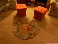 Photo of two copper-colored storage boxes with tufted tops positioned behind a circular floral area rug on carpeted floor.