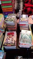 Stack of novels including The Selection by Kiera Cass, Bone Quest for the Spark by Tom Shiegoski, and several other colorful books.