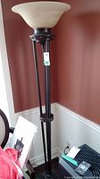 Full view of the metal floor lamp showing the torchiere style with round wide glass shade and dark bronze metal stand.
