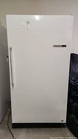 Full view of vintage white upright freezer with handle and Wards Signature logo visible.