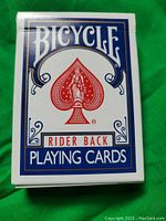 Front of Bicycle Rider Back playing cards box showing classic blue and white design with red spade logo.