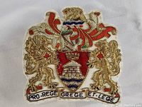 Front view of embroidered military crest patch showing gold lions, crown and detailed red shield with blue and white accents.