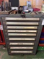 Front view of grey steel rolling tool cabinet with eight drawers