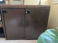 Overall front view of the Sunar metal cabinet with two sliding doors and laminate wood finish top.
