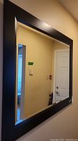 Side angle photo showing the rectangular black framed mirror mounted on a wall.