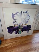 Overall view of framed iris print against wall