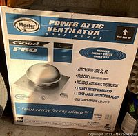 Photo of the original box packaging for the Master Flow Power Attic Ventilator showing product branding, specifications and features.
