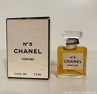 Front of vintage Chanel No. 5 perfume bottle with its unsealed box showing front text and labeling