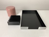 Image showing black letter tray, black letter holder, and pink desk caddy stacked closed