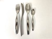 Four flatware pieces displayed: dinner fork, dinner knife, tablespoon, teaspoon, stainless steel Capelano design
